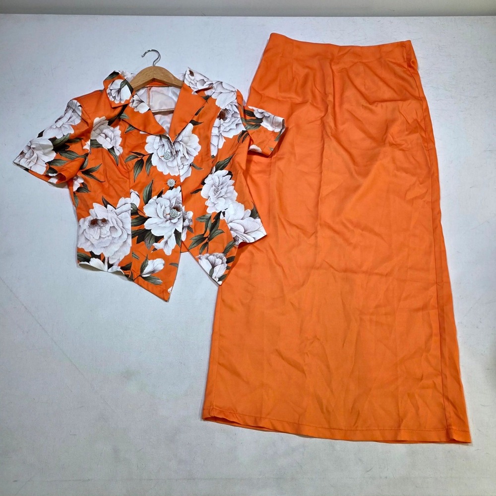 Skirt Set Womens Large Orange Floral Blazer Top Maxi Skirt 2 Piece Set